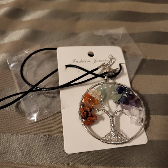 Tree of Life Gemstone Silvertone Setting/Chain in Package, NWOT - Picture 1 of 8